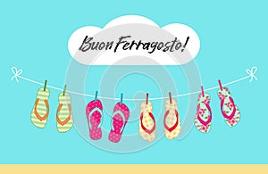 Cute colorful summer banner for Ferragosto italian summer holiday with flip flops hanging on the rope photo