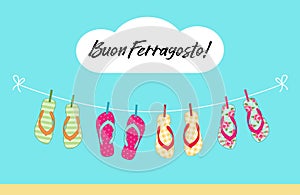 Cute colorful summer banner for Ferragosto italian summer holiday with flip flops hanging on the rope