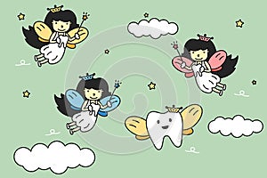 Cute colorful tooth fairy flying with teeth