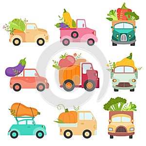 Cute Colorful Trucks Delivering Giant Fresh Vegetables, Shipping of Ripe Farm and Garden Agricultural Products Vector