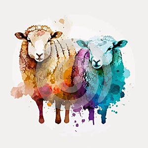Cute colorful two sheep . Farm animals. Two lambs.