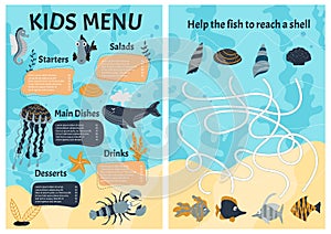 Cute colorful vector template for children\'s menu with sea animals and logical children\'s game. Cartoon style