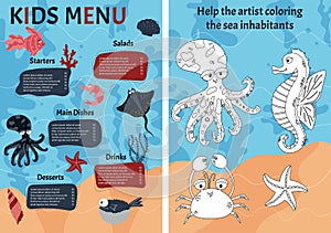 Cute colorful vector template for children's menu with sea animals and logical children's game. Cartoon style
