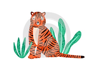 Cute colorful wild tiger vector flat illustration. Amusing predator animal sitting in tropical plant isolated on white