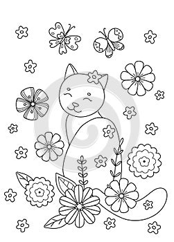 Cute coloring book with cat in flowers.