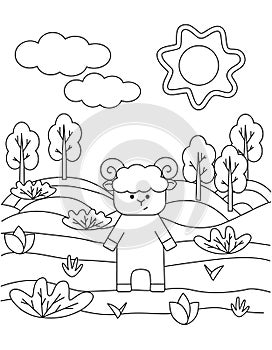 Cute coloring book with a funny lamb, sun, grass, trees. For the youngest kids. Black sketch, simple shapes, silhouettes