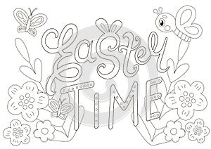 Cute coloring page for easter with scandinavian style lettering and butterfliy chatacters