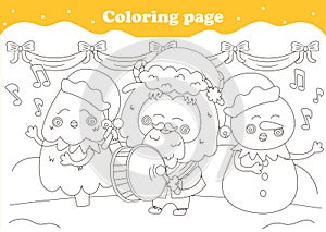 Cute coloring page with kawaii Christmas characters singing carols and playing drum