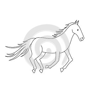 Cute coloring page for kids with cartoon running horse. Cartoon vector illustration for children isolated on white