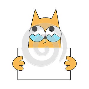 Cute comic cat with big eyes hold placard with text space. Cartoon line minimal hand drawn sketch funny style. Ask for, implore