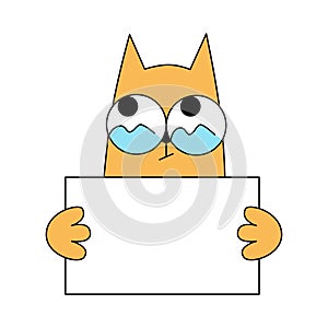 Cute comic cat with big eyes hold placard with text space. Cartoon line minimal hand drawn sketch funny style. Ask for, implore photo