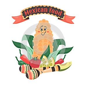 Cute comic character corn with vegetables and maracas. Rich harvest. Mexican food. Doodle drawn vector illustration for dishes,