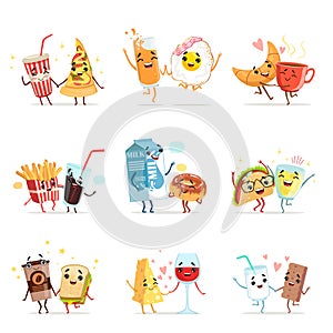 Cute comic food cartoon characters, best friends vector Illustrations