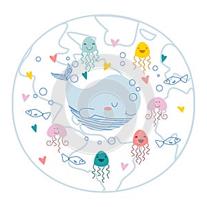 Cute concept card world oceans day. Doodle hand-painted picture of ocean inhabitants on a background of the world. Whale
