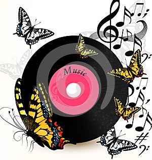 Abstract music background with vinyl record, notes and butterflies