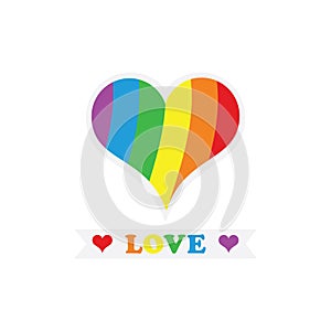 Cute conceptual stripy pride rainbow flag heart shape symbol icon and love word banner greeting card on white