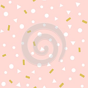 Cute confetti vector pattern. Party festive seamless background with geometric shapes, triangles, dots, sprinkles on a