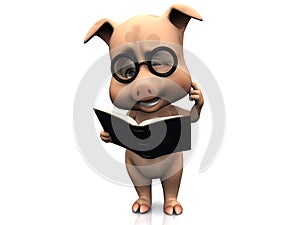 Cute confused cartoon pig holding a book.