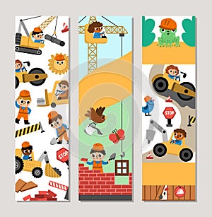 Cute construction site and road work vertical cards set with funny kid builders, transport, bulldozer, tractor, animals. Vector