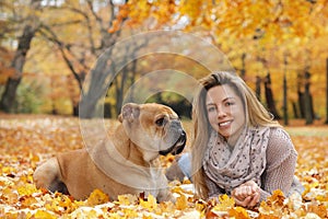 Cute continental bulldog lying in autumn with its owner on the