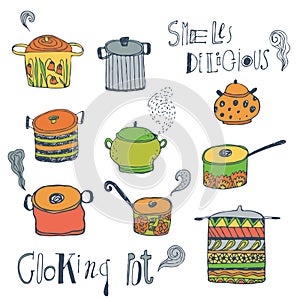 Cute cooking pots and lettering. Vector set.