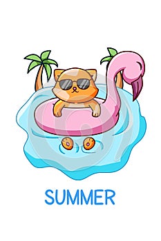 Cute and cool cat swimming in the summer cartoon illustration