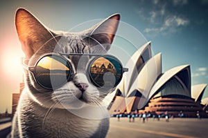 cute cool cat in travelling near opera house with fancy sun glasses generative AI