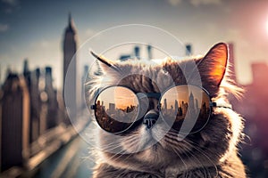 cute cool cat in travelling New York with fancy sun glasses generative AI