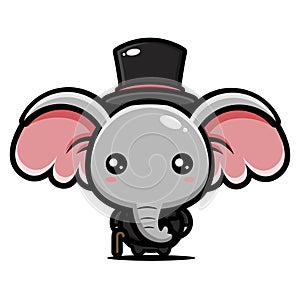 Cute and cool elephant animal cartoon characters wearing black costumes and sticks and hats