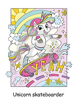 Cute cool unicorn on a skateboard color vector illustration