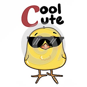 cute cool yellow chick sunglasses and text drawing illustration white background