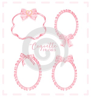Cute coquette aesthetic pink frame ribbon bow in vintage style watercolor collection