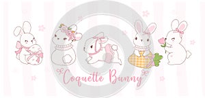 Cute Coquette bunnies with bow Cartoon banner, sweet Retro Happy Easter spring animal