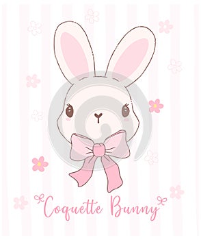Cute Coquette bunny face with bow Cartoon, sweet Retro Happy Easter spring animal