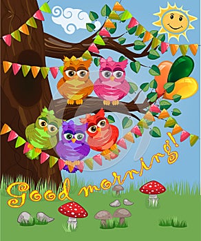 A cute flirtatious owl sits on a tree decorated with garlands, balloons, a postcard, a cartoon children's style, spring