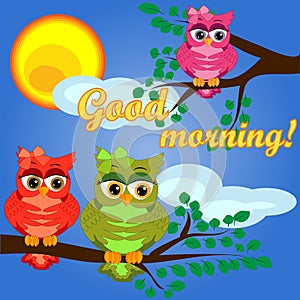 Cute coquettish owls with coffee sits on a tree decorated with garlands, balloons, postcard, cartoon children\'s style, spring.