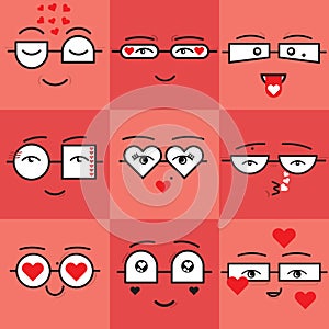 Cute coral and red square stickers valentines emoticons faces icons set