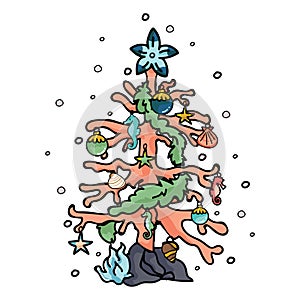 Cute coral reef christmas tree cartoon vector illustration motif set. Hand drawn isolated starfish decoration elements