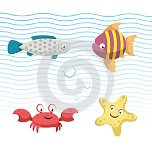 Cute coral reef fishes vector illustration icons set. Vector isolated cartoon gray fish, striped fish, crab and starfish .