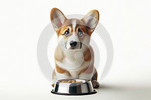 a cute corgi dog with big sad eyes sits by a bowl waiting for food isolated on solid white background. ai generative