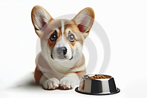 a cute corgi dog with big sad eyes sits by a bowl waiting for food isolated on solid white background. ai generative