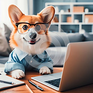 Cute corgi dog looking into computer laptop working in glasses and shirt