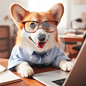 Cute corgi dog looking into computer laptop working in glasses and shirt