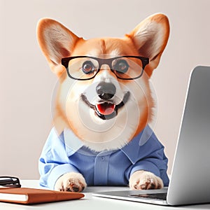 Cute corgi dog looking into computer laptop working in glasses and shirt