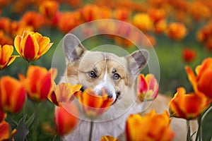 Cute corgi dog peeping out of a flowerbed with bright tulip flowers in a sunny spring garden