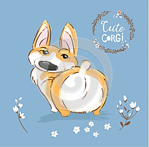 Cute Corgi Dog Puppy Back Tail Vector Illustration. Pretty Fox Pet Character Outdoor Poster. Little Happy Brown Doggy