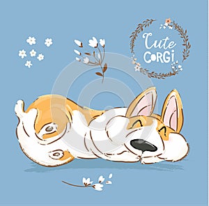 Cute Corgi Dog Puppy Sleep Vector Banner. Welsh Short Fox Pet Character Rest Pose Poster. Little Cheerful Brown Doggy