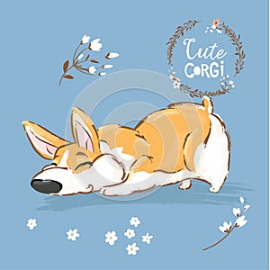 Cute Corgi Dog Puppy Sniff Vector Illustration. Funny Fox Pet Character Flower Poster. Awesome Happy Brown Doggy Series