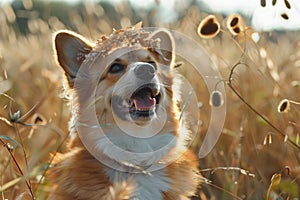 cute corgi dog sitting on a summer sunny meadow in a wreath of meadow flowers vintage style