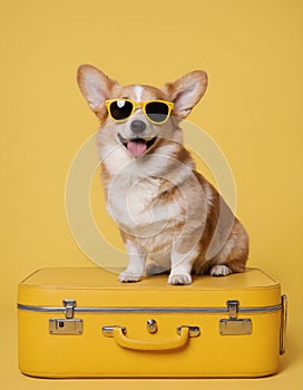 Cute corgi dog in sunglasses sitting on a suitcase on a yellow background.
